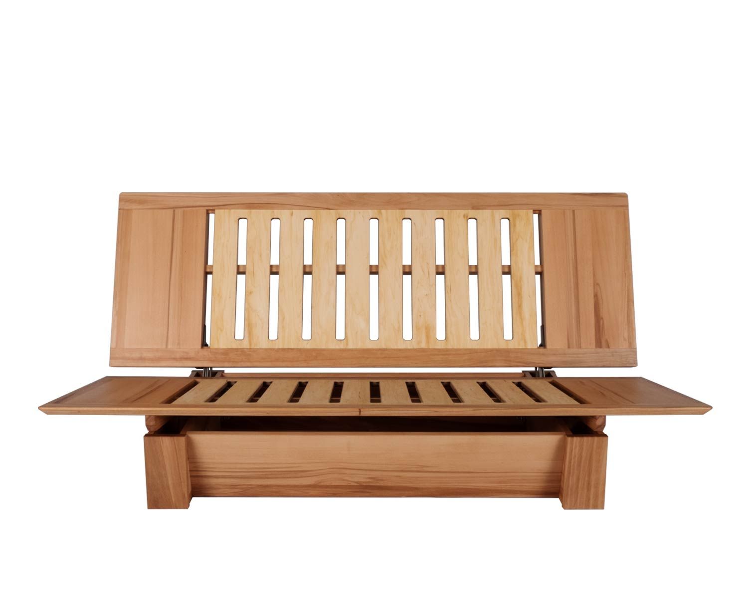 Sofa bed b2 in beech heartwood. Bed box veneered table top <br>(middle area is in birch multiplex for all types of wood)